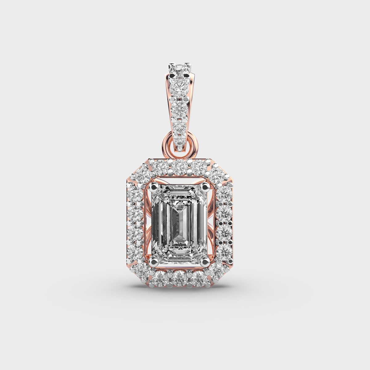Regal Emerald Cut Halo Diamond Pendant Without Chain