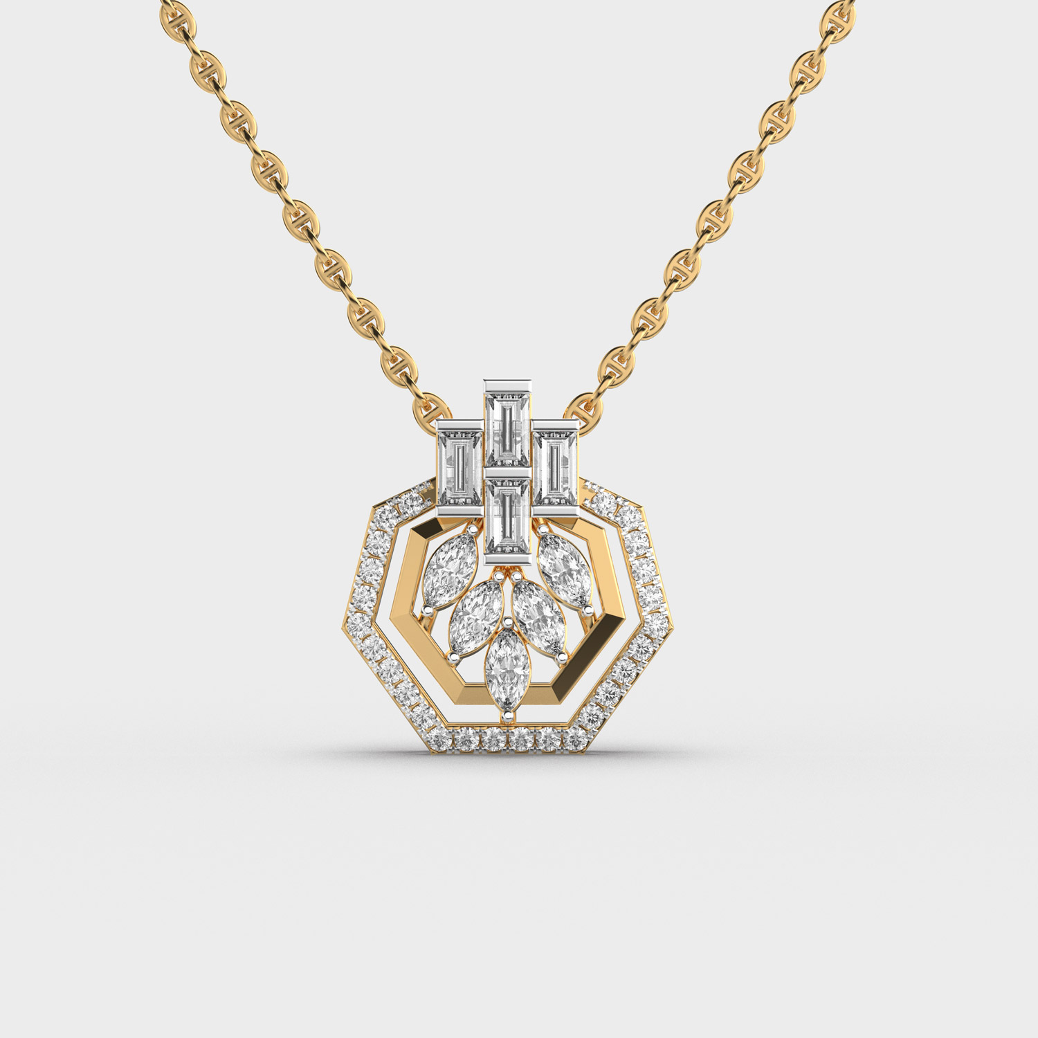 Charming Hexagonal Mixed Cut Diamond Pendant With Chain