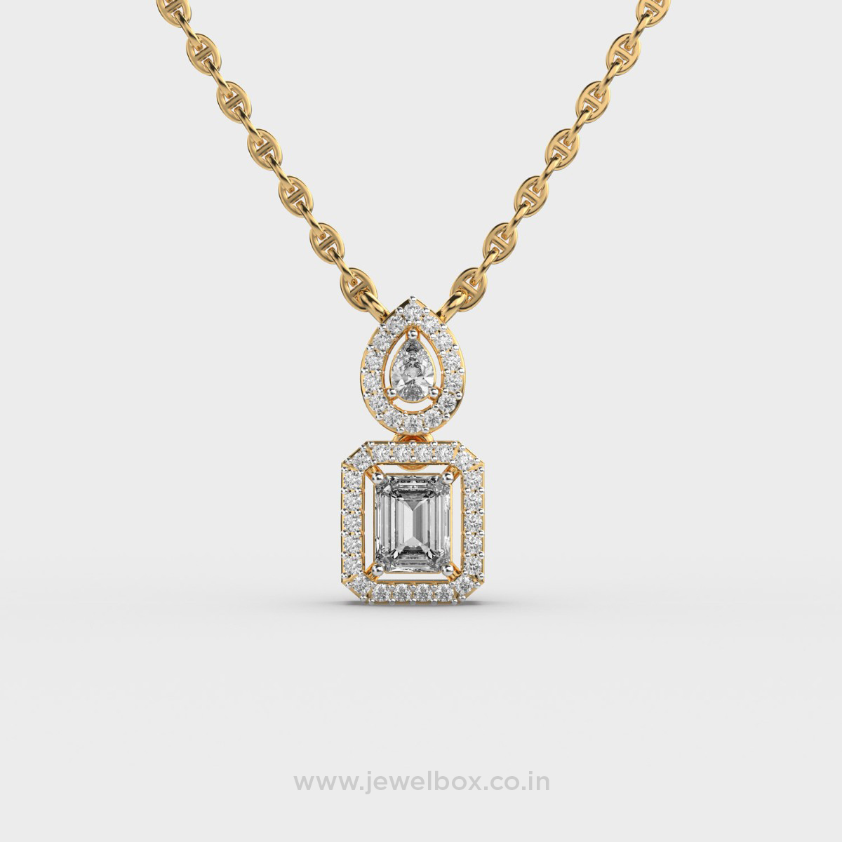 Graceful Pear and Emerald Cut Diamond Pendant with Chain