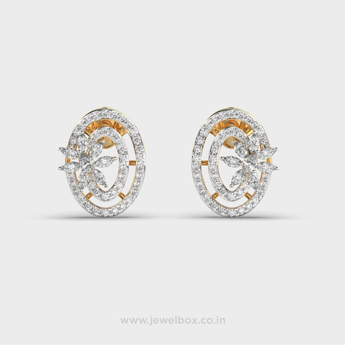 Flower in Oval Diamond Stud Earrings