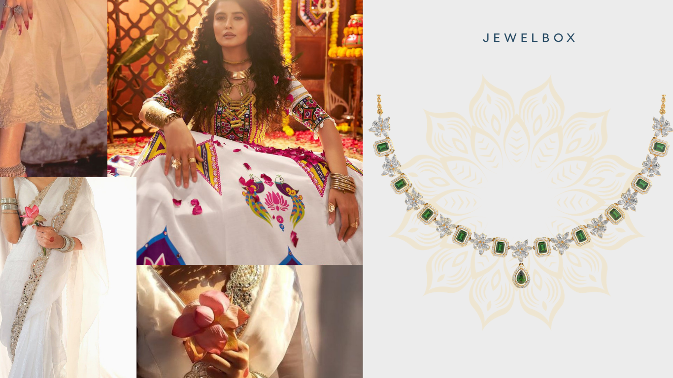 Prim Selection for Navatri Jewellery: Green Stone Flora Marquise Diamond Necklace