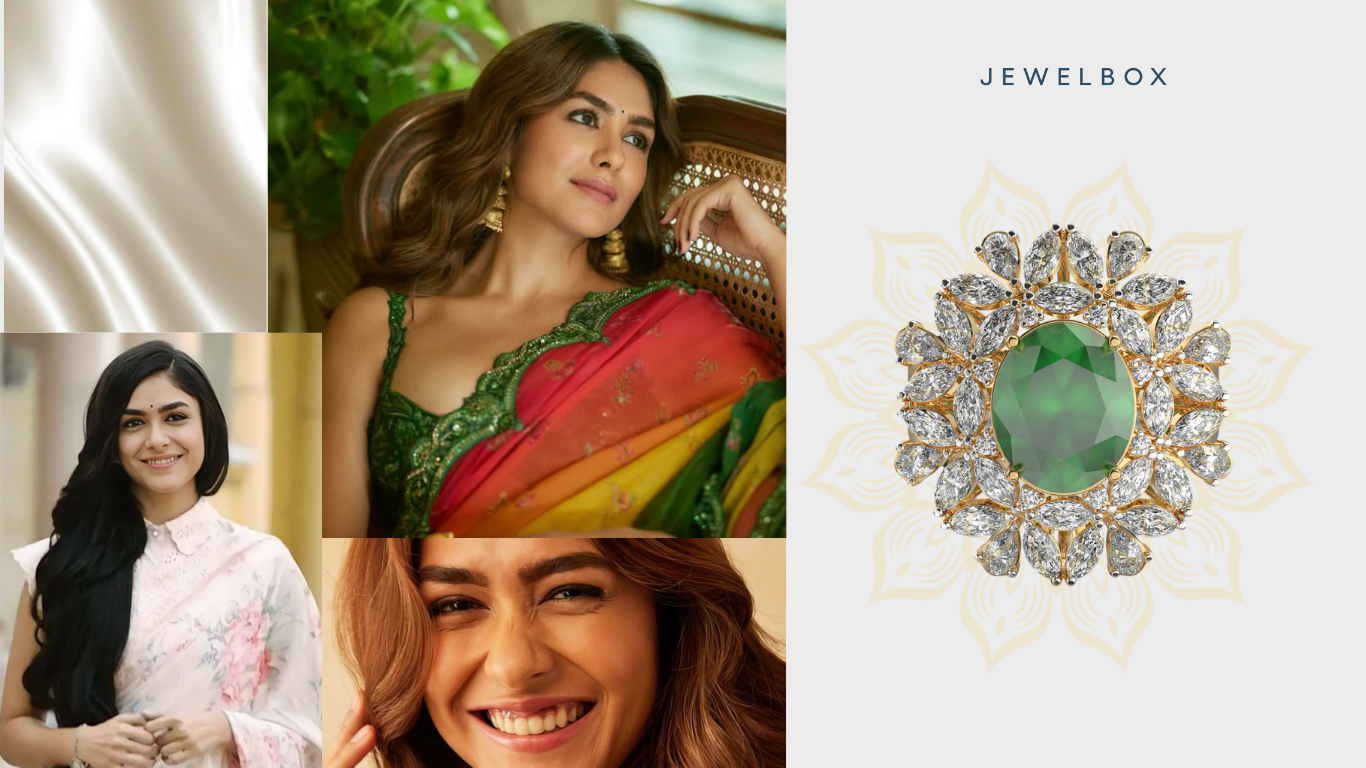 A Jewel of Heritage, Perfect for recreating Mrunal Thakur’s Ganesh Chaturthi Jewellery Look: Marie Therese Green Stone Diamond Ring