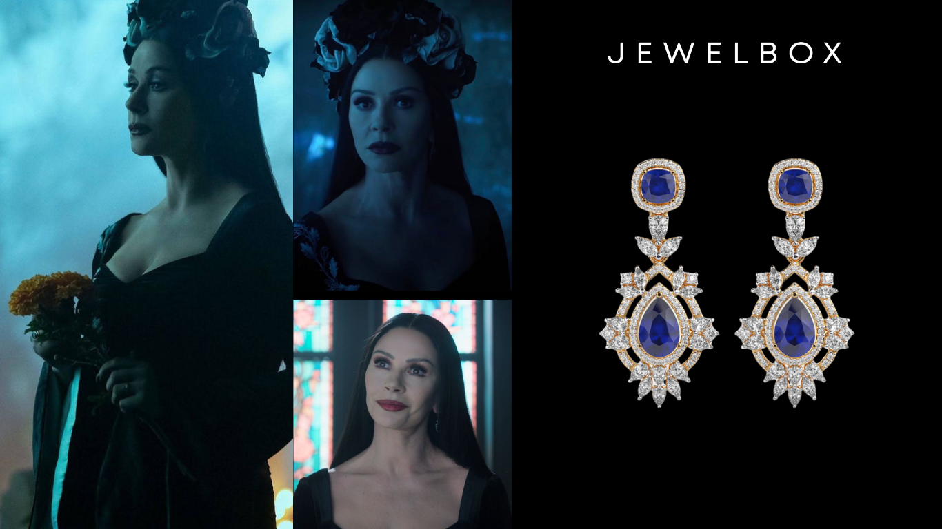 Halloween Homage to Morticia Addams: Artemisia Wisdom Blue Stone Diamond Earrings