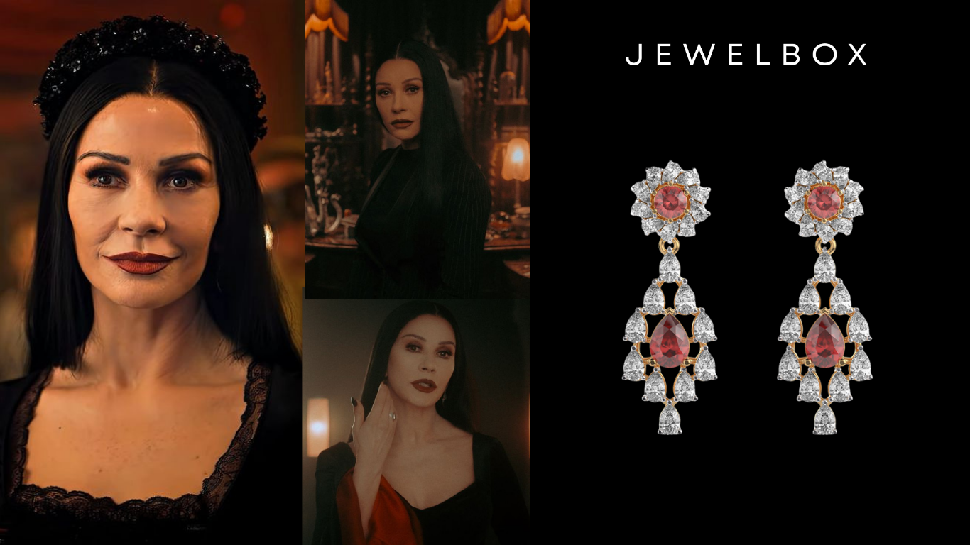 Haunting Oriental Fashion For Halloween As Morticia ft Red Stone Jharokha Diamond Dangler Earrings