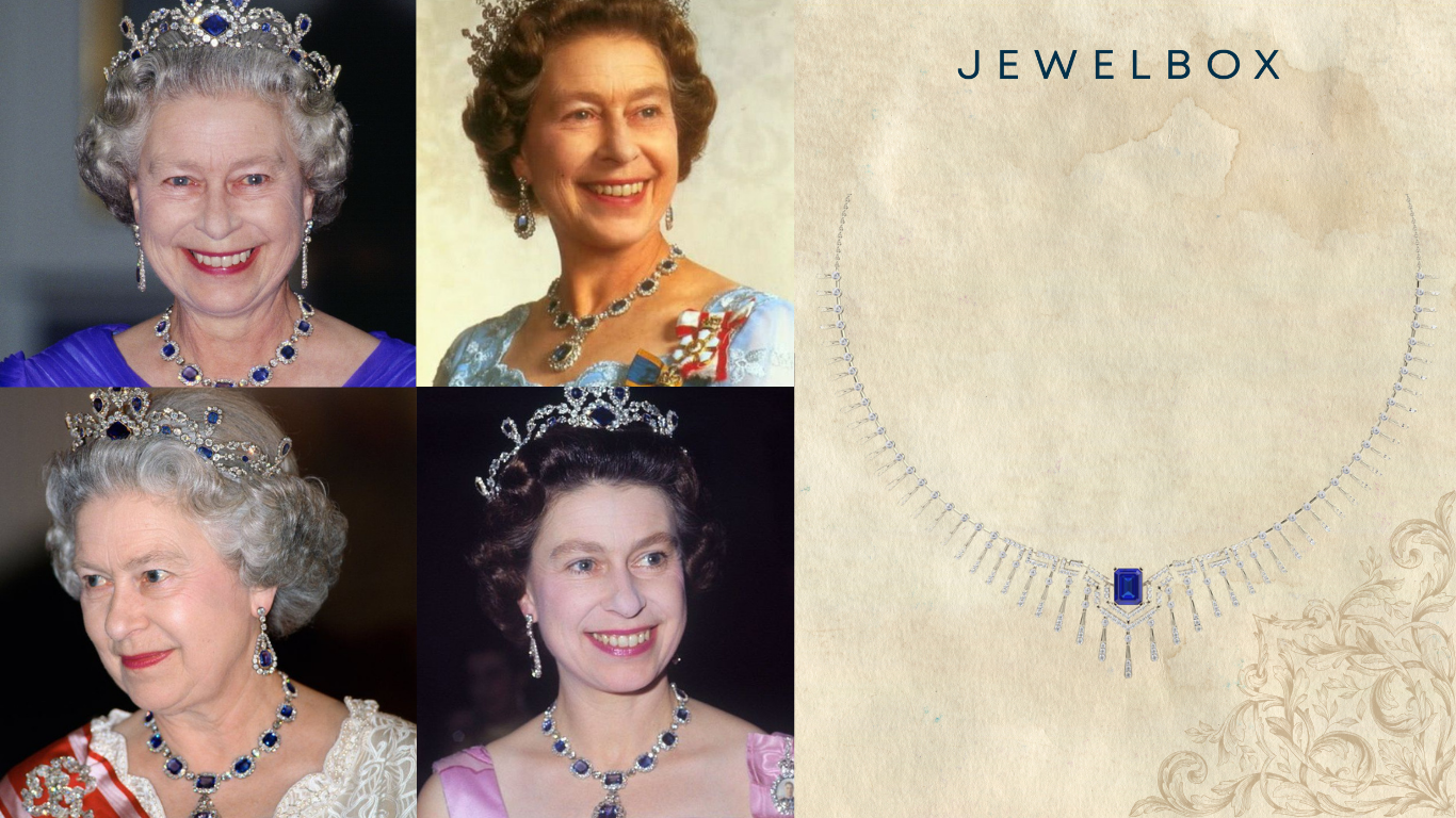 Top 4 Royal Wedding Jewellery Inspired by the Women Monarchs 7 Royal Wedding Jewellery Queen Elizabeth Blue Stone Diamond Necklace: Worn by England’s longest-serving queen